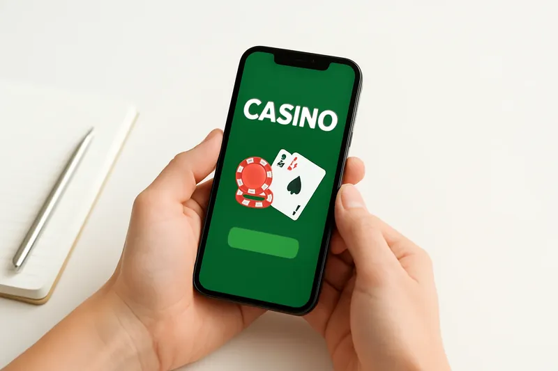 Hands holding phone with casino app above clean white desk