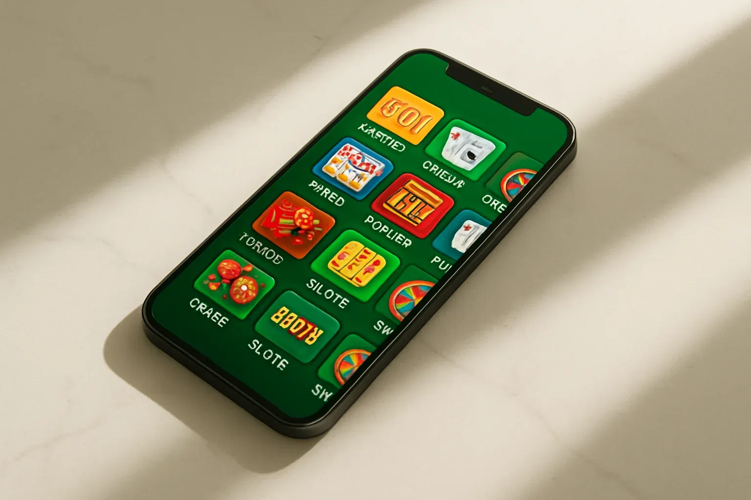 Smartphone on white marble showing bright casino game selection grid