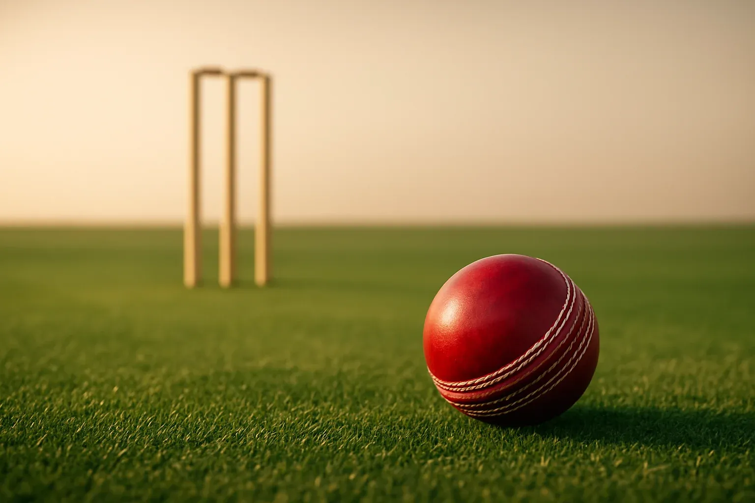 Red cricket ball on mown grass with stumps at dusk