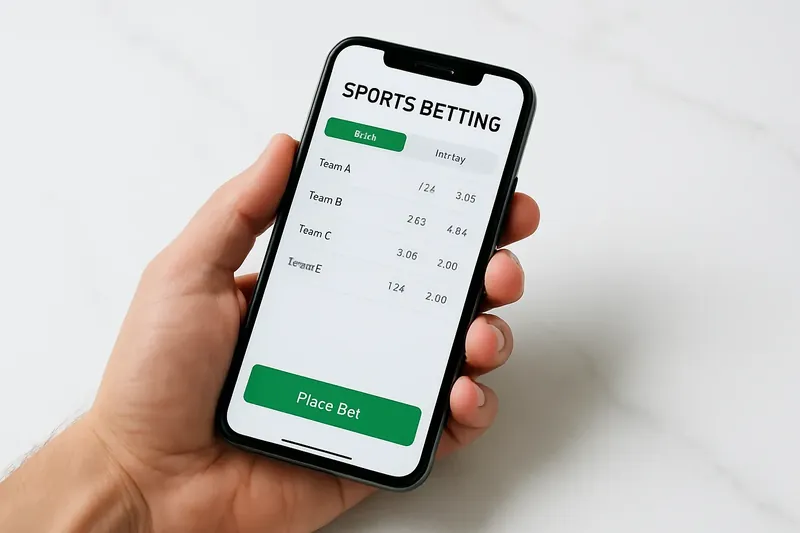 Hand holding smartphone showing sports betting odds on white marble