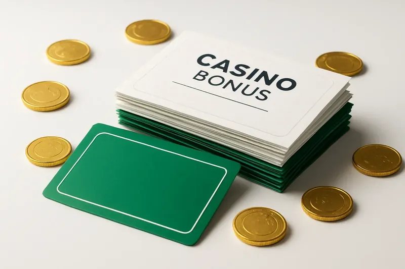 Stack of casino bonus vouchers and reward cards with gold coins