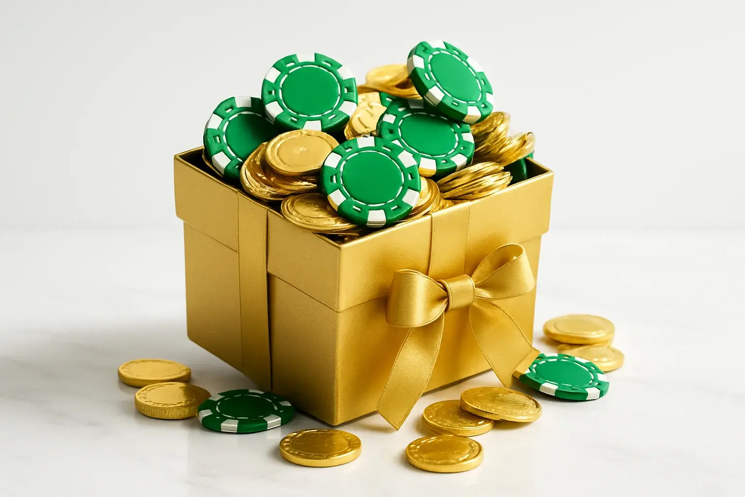 Golden gift box overflowing with poker chips and gold coins