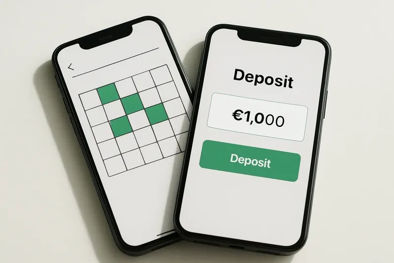 Two smartphones on cream background showing game grid and deposit screen