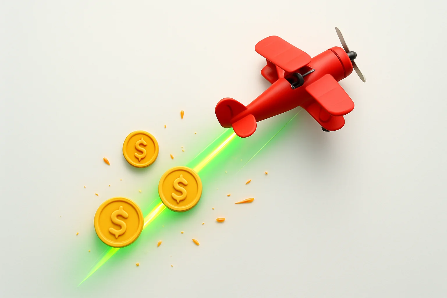 Aviator Crash Scene Red airplane climbing with glowing multiplier trail, coins, and sparks