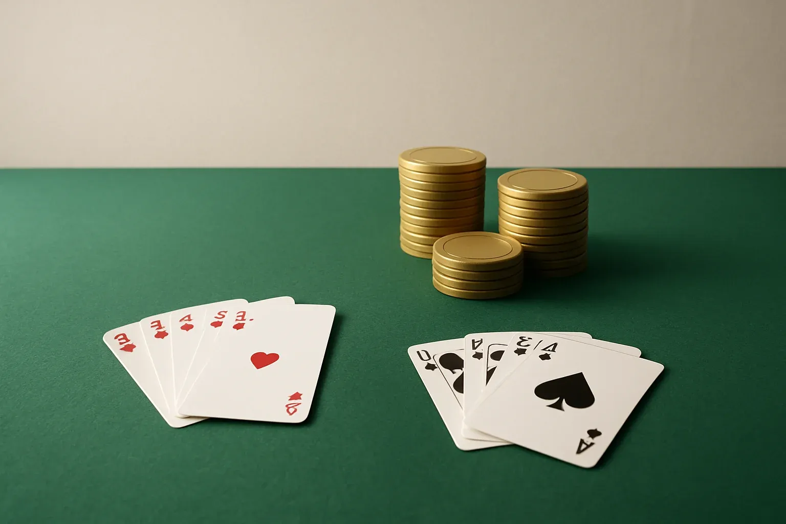 Green felt casino table with arranged cards and stacked gold chips