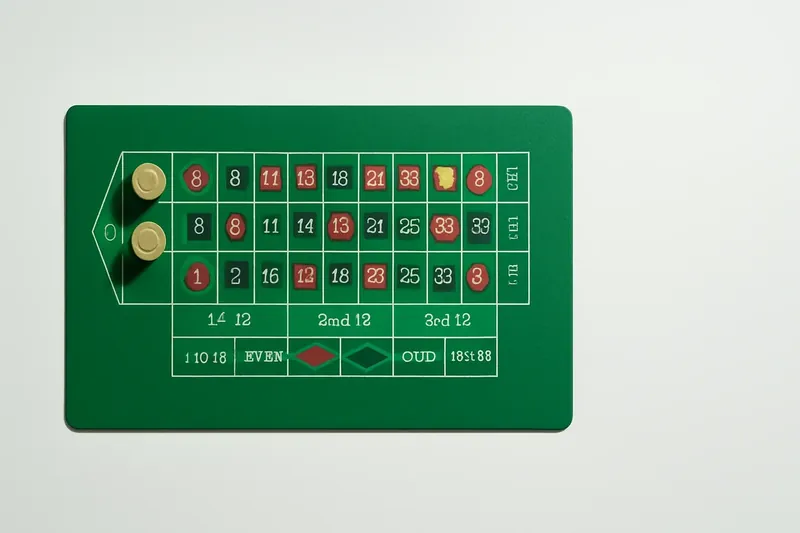 Top-down roulette table with green felt grid and gold chips
