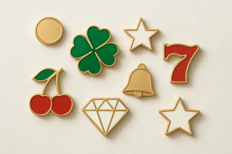 Assorted casino slot icons with fruit, diamonds, lucky sevens, and stars