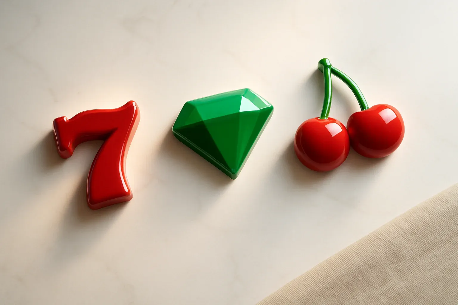 Slot Symbols Flat Lay Three polished slot symbols on white marble with warm spotlights
